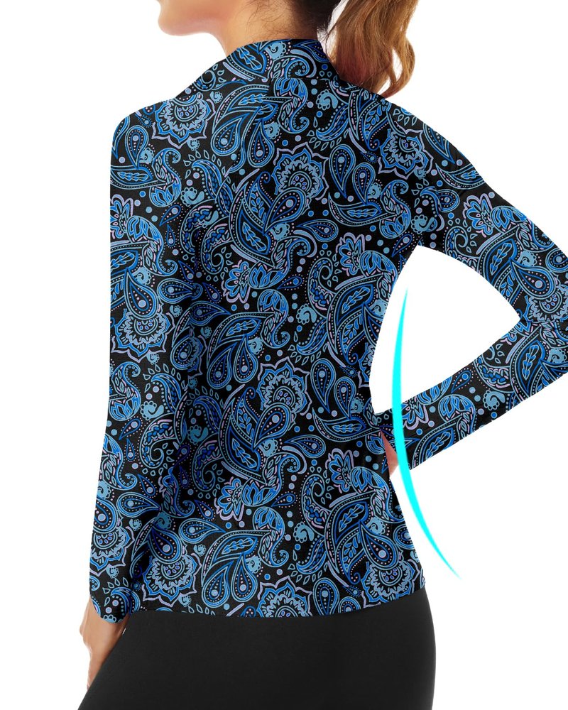 Women's 1/4 Zip Pullover Long Sleeve Athletic Shirt Collared Running Top Quick Dry Tennis T-Shirt (Blue Paisley-054,Large)