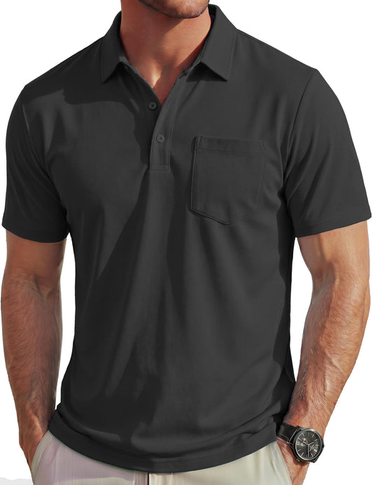 MAGCOMSEN Polo Shirts for Men Short Sleeve Collared Golf Shirt with Pocket Moisture Wicking Quick Dry Performance Black Polos
