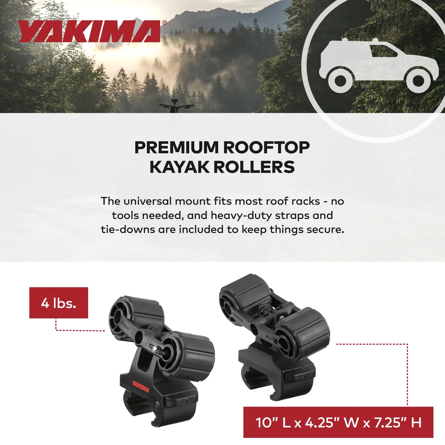 YAKIMA HandRoll Rooftop Mounted Kayak Rack for Vehicles with Heavy Duty Strap, Bow, and Stern Tie Down, Tool Free Installation, Set of 2 Kayak Rollers
