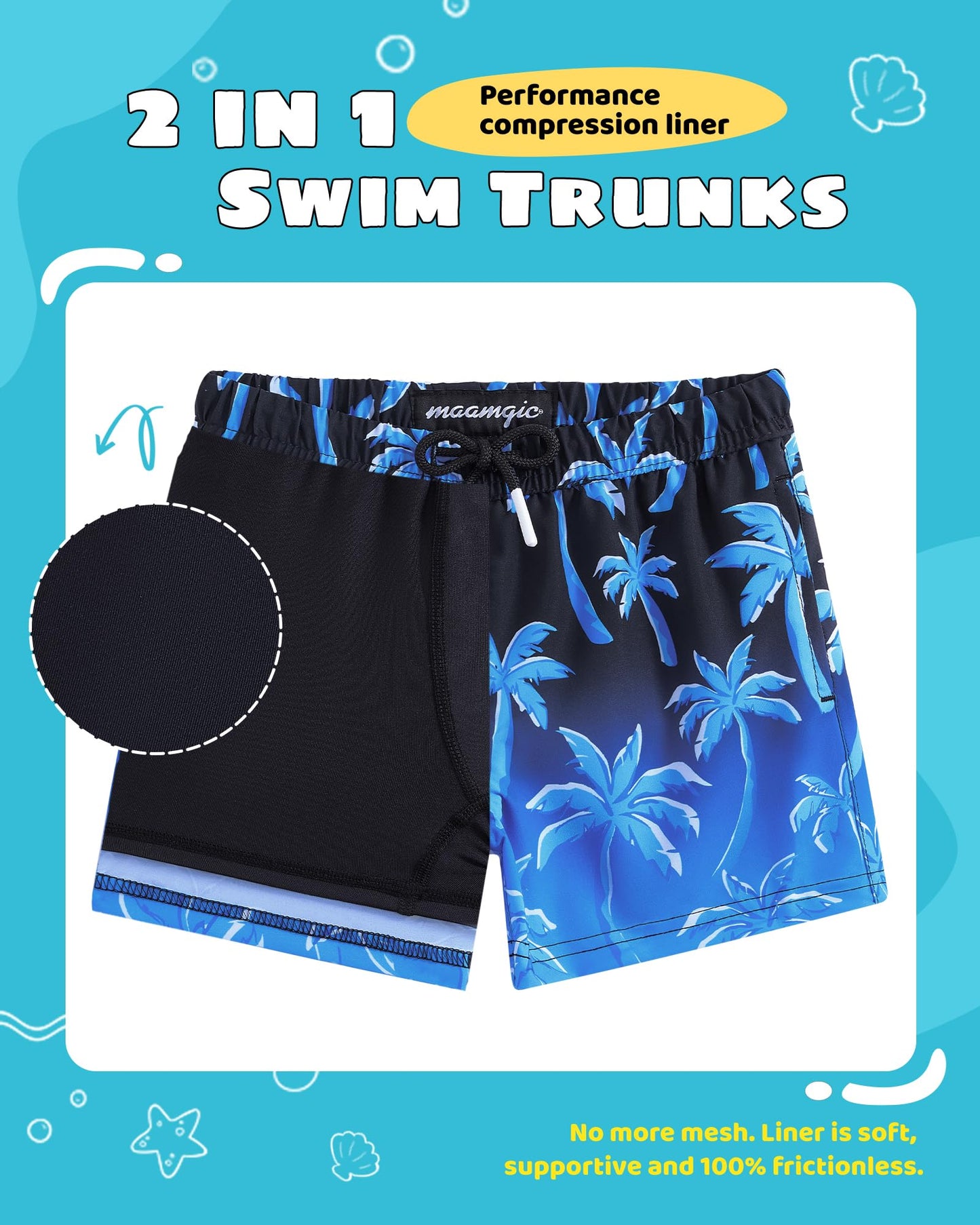 maamgic Boys Swim Trunks with Compression Liner Toddler Stretch Swim Shorts Quick Dry Swimming Trunks Boxer Brief 2 in 1 Beach Shorts Blue Coconut Tree 4T