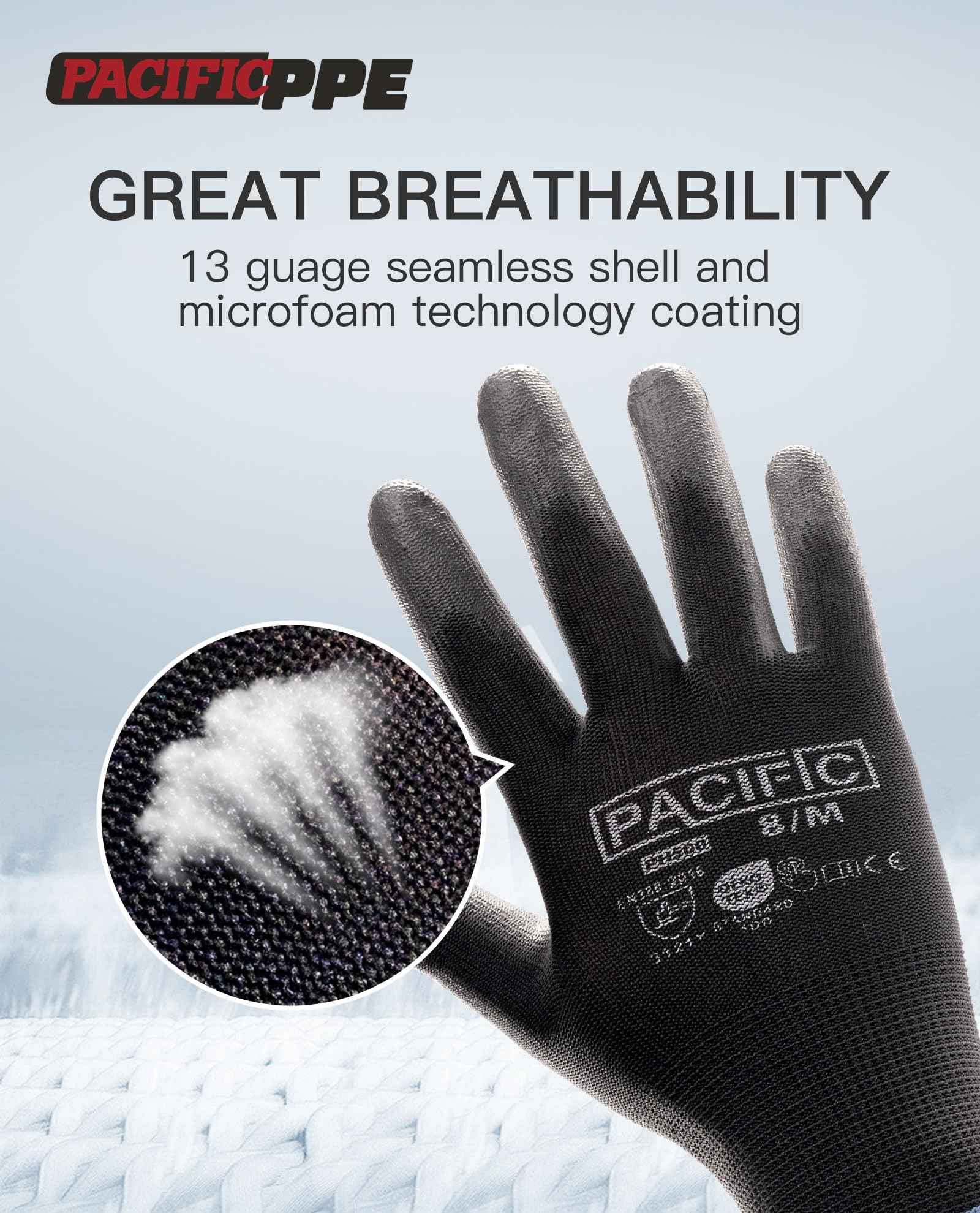 PACIFIC PPE 18 Pairs Work Gloves, PU Coated Seamless Knit Gloves, Touchscreen Safety Gloves with Grip, Ideal for General Duty Work, Men and Women, Black, XL