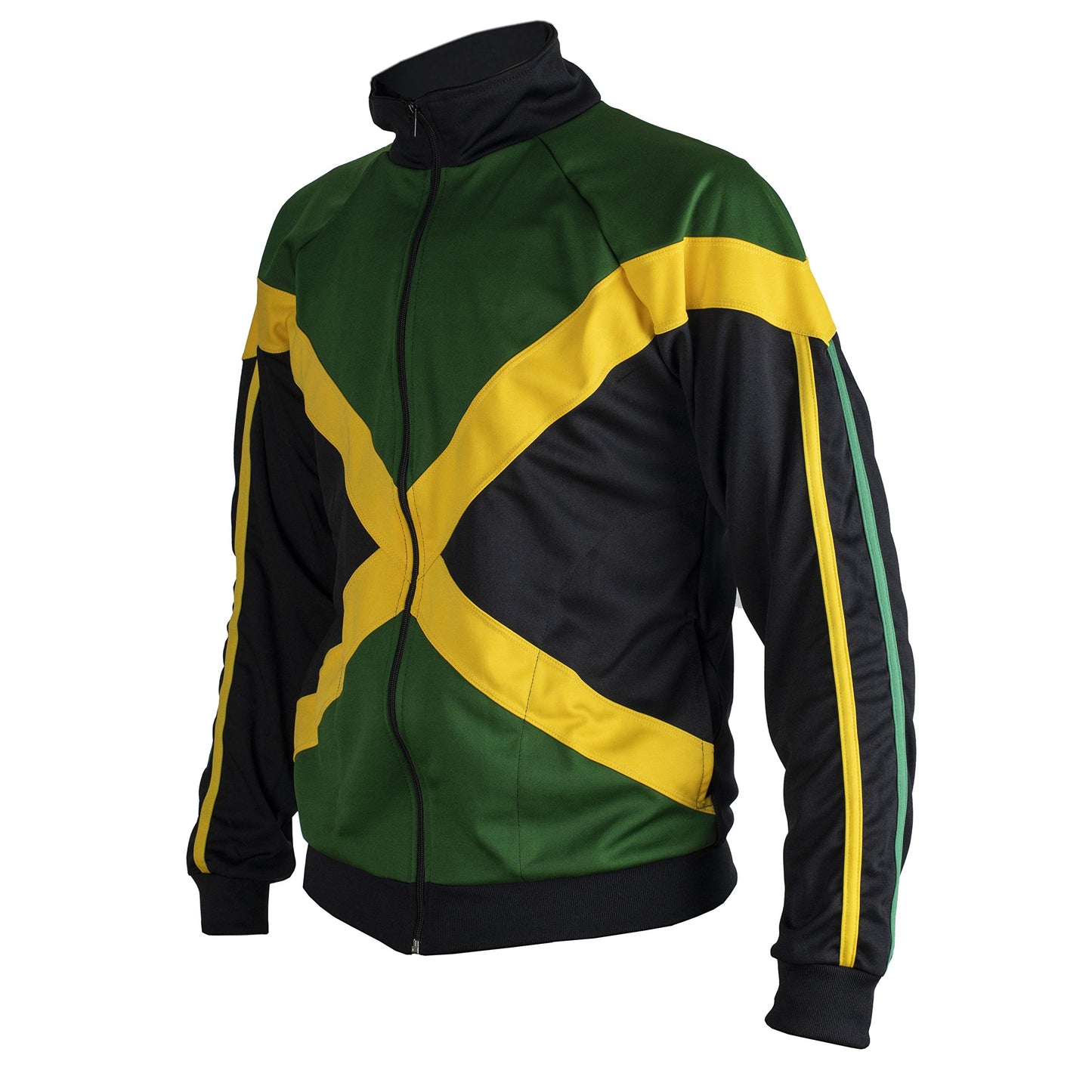 JL Sport Jamaica Proud Power Authentic Jamaican Long Sleeved Reggae Zip-Up Jacket - Unisex (Black, Green and Yellow) XL