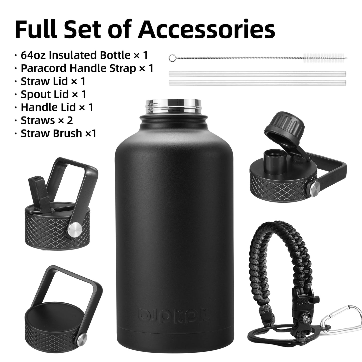 BJPKPK Half Gallon Insulated Water Bottles with Straw Lid, 64oz Large Water Jug, Stainless Steel Bottles with 3 Lids and Paracord Handle, Thermo for Hot & Cold Liquid, Black