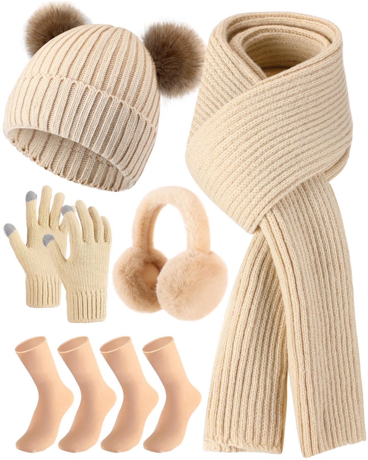 Geyoga 6 Pcs Winter Warm Knit Hat Long Scarf Touchscreen Gloves Ear Muffs Socks Sets, Winter Warm Gifts for Women (Beige,Striped-No Fleece)
