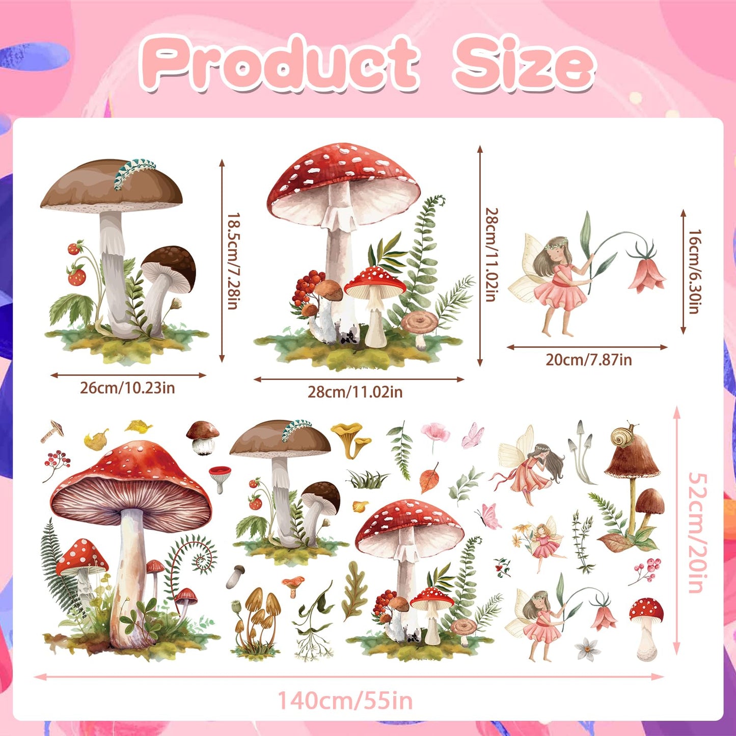 Wxiben Fairy Wall Stickers Decor - Mushroom Wall Decals Flower Wall Sticker Removable Floral Wall Murals Peel and Stick for Girls Kids Bedroom Nursery Playroom Bathroom Living Room Wall Decor
