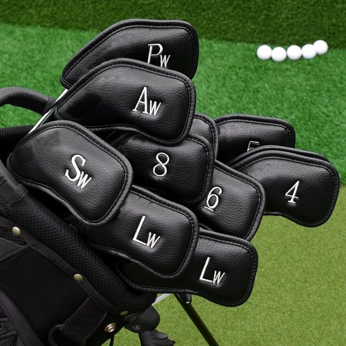 Left Handed Iron Covers Golf Club Iron Covers Black Leather Golf Iron Headcovers Set Left Handed Iron Covers for Golf Clubs Sliver Number Embroidery 12pcs/Set
