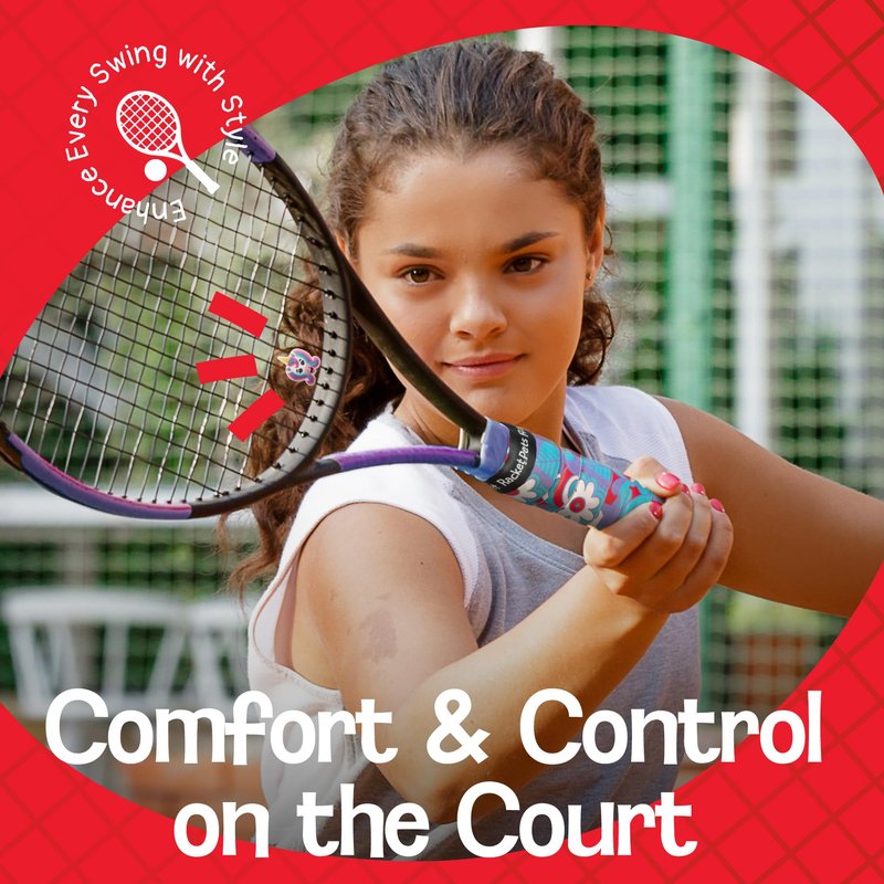 Racket Pets Kids Tennis Racket Dampener & Matching Overgrip Tape, Performance Shock Absorbing Dampener for Tennis Racket & Fun Animal Print Tennis Wrap Grip Tape (Dragon)