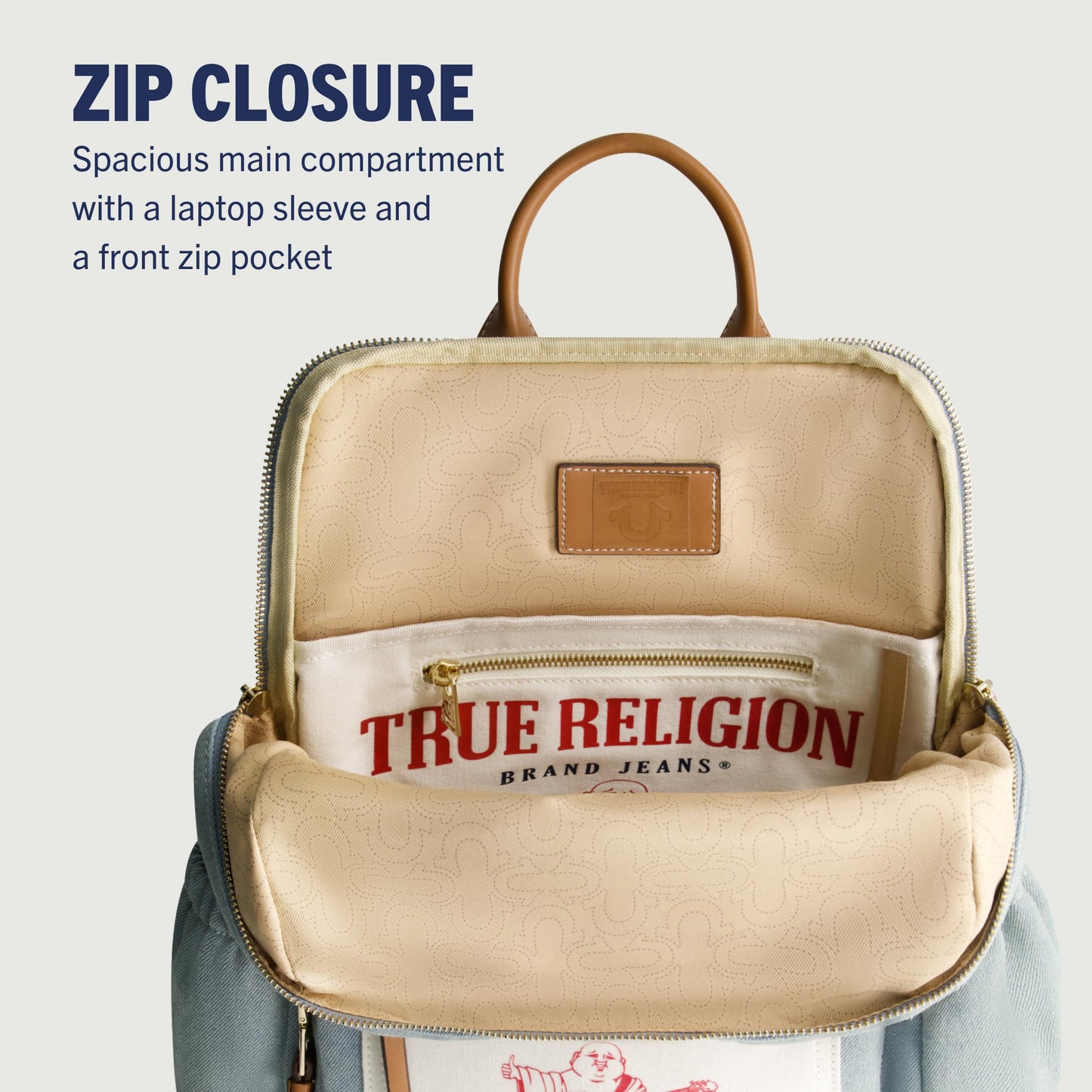 True Religion Backpack, Buddha Patch Bag with Horseshoe Logo and Zip Pocket Travel Bag, Denim