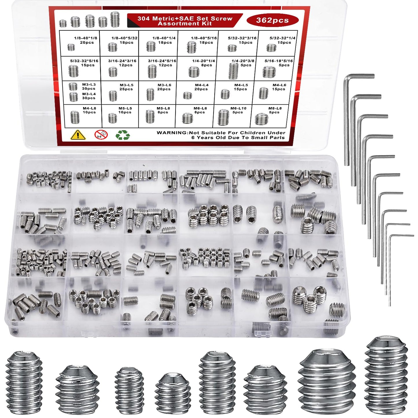 360 Pcs 25 Size Set Screw Assortment Kit Metric & SAE Allen Set Screws for Bathroom Fixture 304 Stainless Steel Internal Hex Drive Cup-Point for Door Knob, Faucets(M3-M8, 1/8"-40 to 5/16"-18)
