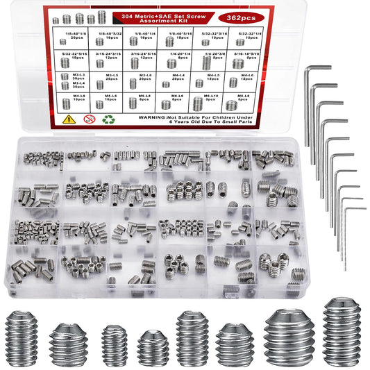 360 Pcs 25 Size Set Screw Assortment Kit Metric & SAE Allen Set Screws for Bathroom Fixture 304 Stainless Steel Internal Hex Drive Cup-Point for Door Knob, Faucets(M3-M8, 1/8"-40 to 5/16"-18)