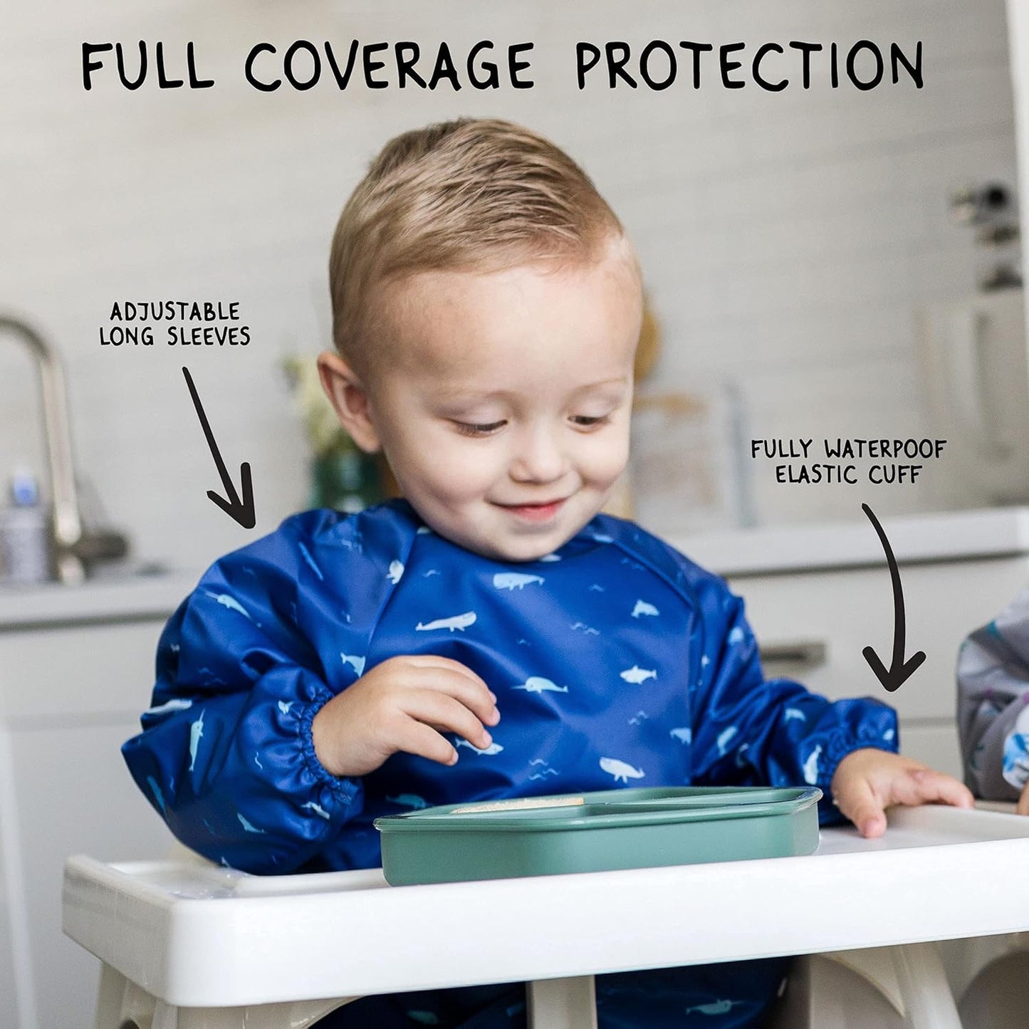 Tiny Twinkle Long Sleeve Bibs - 2-Pack Waterproof Smock Bibs for Mess-Free Eating | Machine Washable | Slate Olive, 6-24M
