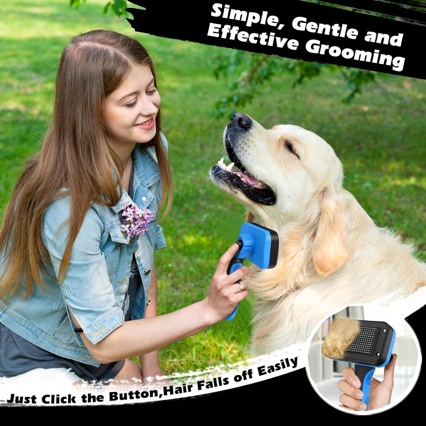 Skiennix Self-Cleaning Slicker Brush Set - Grooming Rake & Flea Comb for Dogs, Cats, Horses | Blue