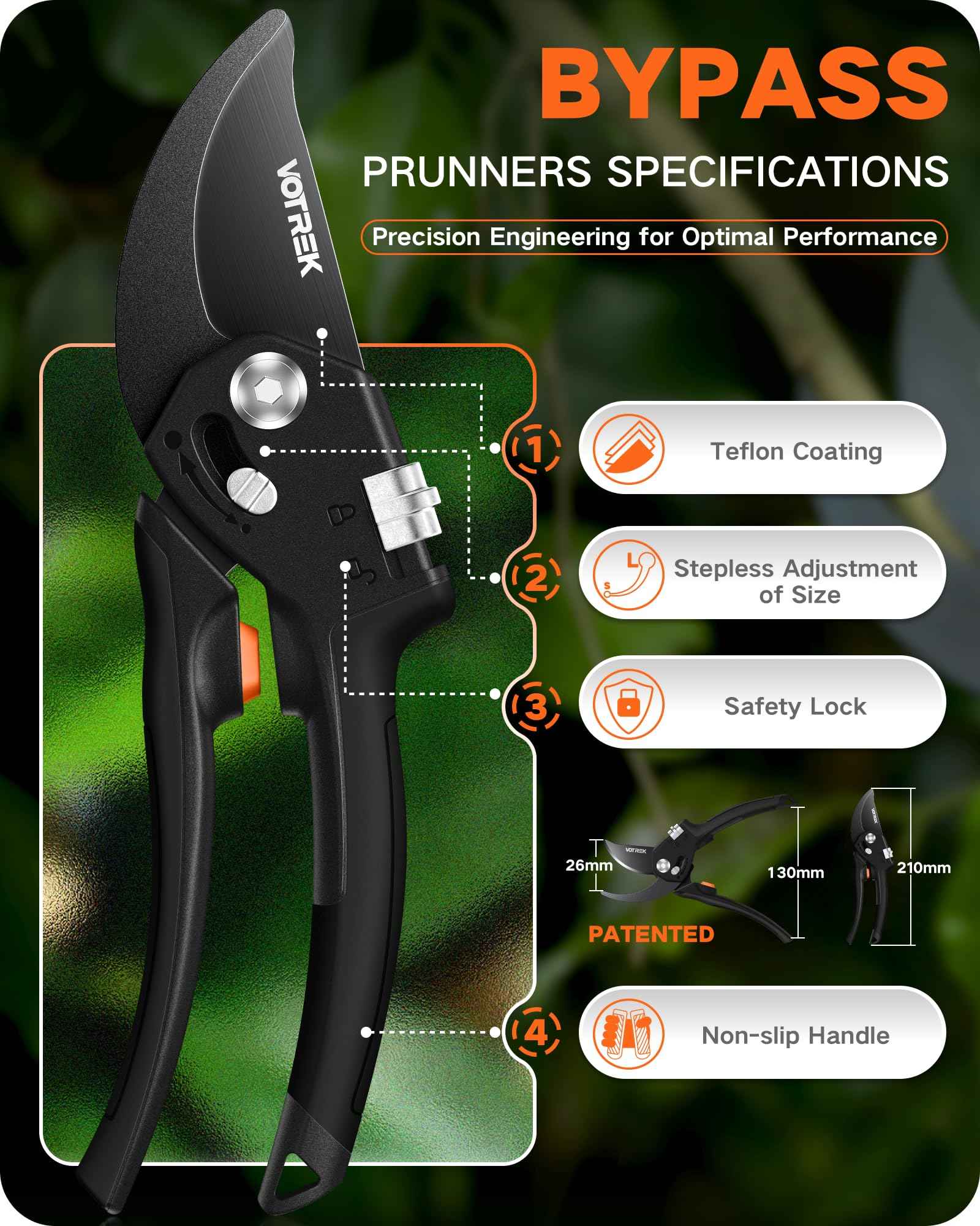 VOTREK 8.5" Pruning Shears for Gardening, 【Unique Stepless Handle Opening】Professional Bypass Garden Clipper for All Hands, SK5 Steel Blades, Heavy Duty Ergonomic Plant Pruners for Branch