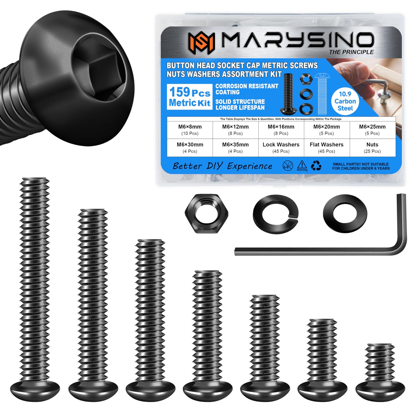 159 Pieces M6 Screw, Button Head Socket Cap Metric Screws Assortment Kit, Grade 10.9 Carbon Steel M6 Bolts and Washers/Nuts/Hex Wrenches, Black Oxided by Marysino