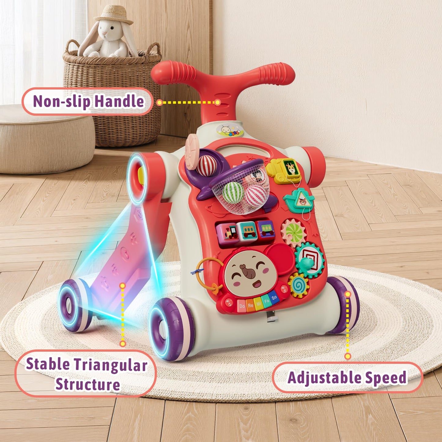 HYES Upgraded 5 in 1 Baby Walker and Activity Center for Baby Girl, Learning to Walk, Sit to Stand, Early Learning Push Toys for Infant 12 Months, Walking Toys Gift for Toddler Girls, Red