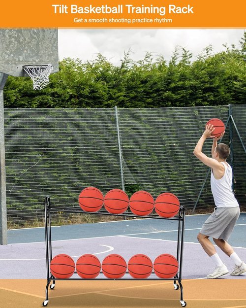 EXTCCT Tilt Basketball Rack Ball Storage Holder - Tilt Basketball Shooting Training Rack, Garage Sports Equipment Organizer, Outdoor and Indoor Rolling Balls Cart with Wheels