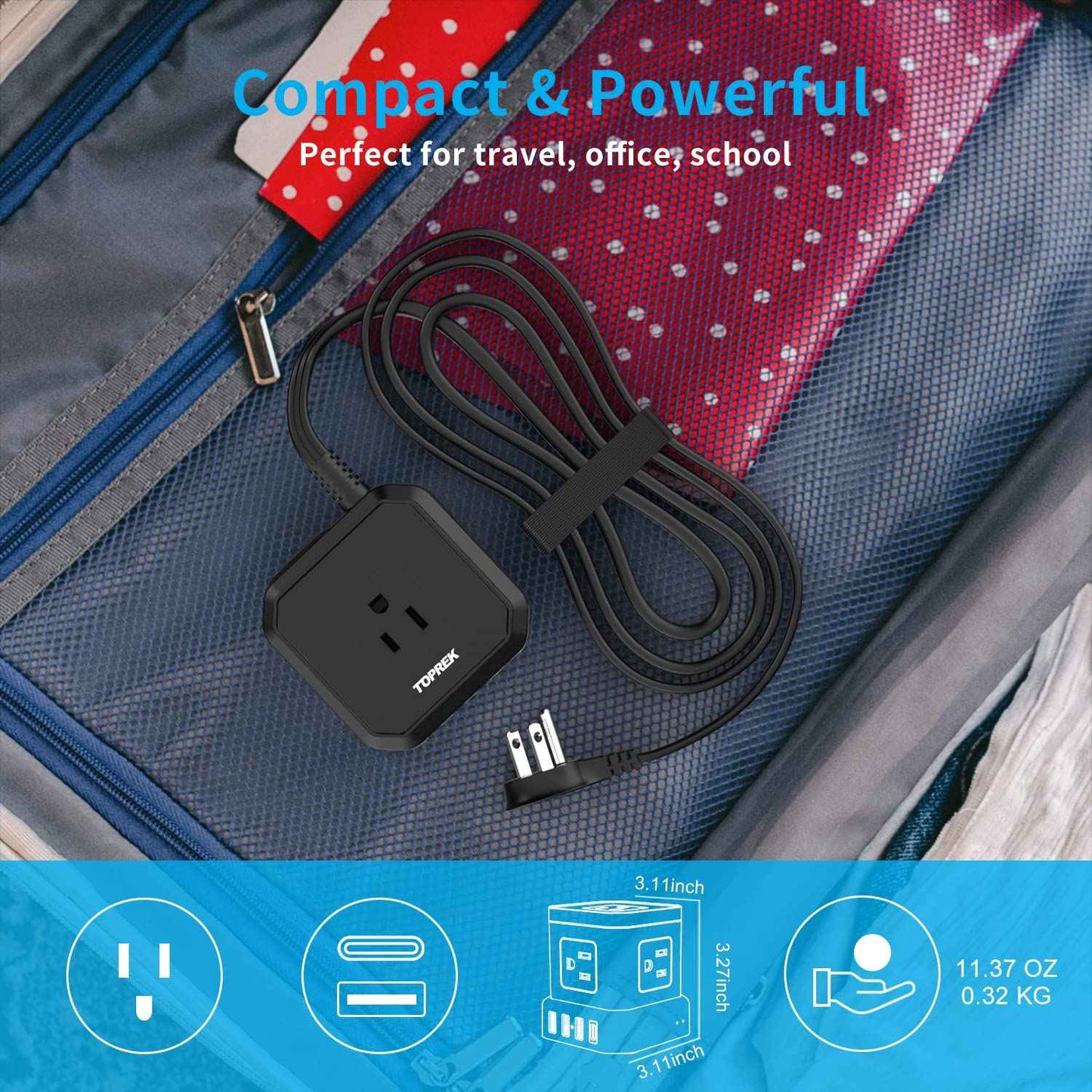 TOPREK Power Strip with USB, USB C (3.0A) Power Strip with 5 Outlets, 1 USB-C & 3 USB-A, 5 FT Flat Extension Cord with Ultra Thin Flat Plug, Surge Protector Compact for Home Office, Dorm, Hotel Travel