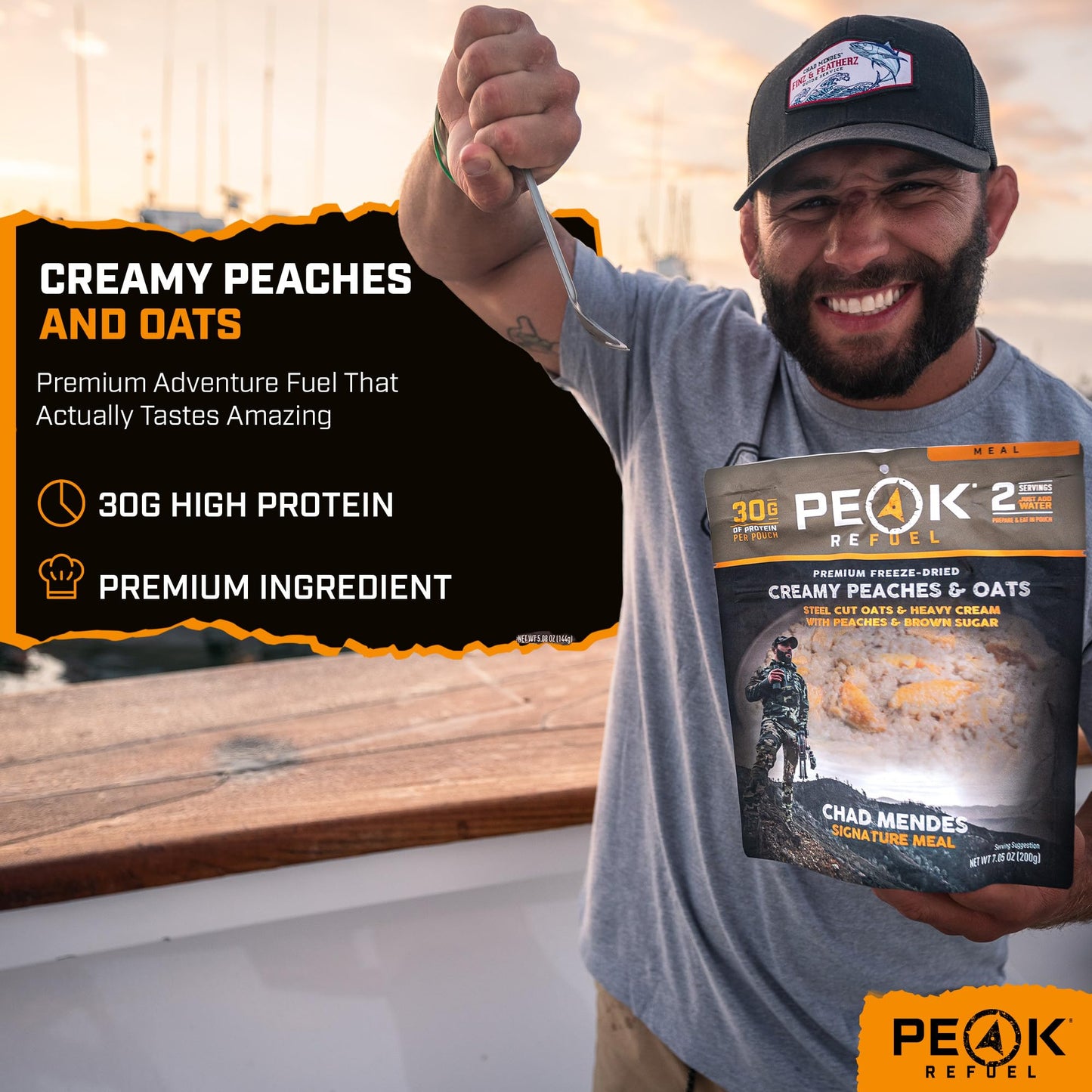 Peak Refuel Creamy Peaches and Oats | Chad Mendes Signature Meal | Premium Freeze-Dried Variety Meals | Hunting, Survival, Camping, Backpacking Food | High-Protein Game Meats | MRE | Made in USA
