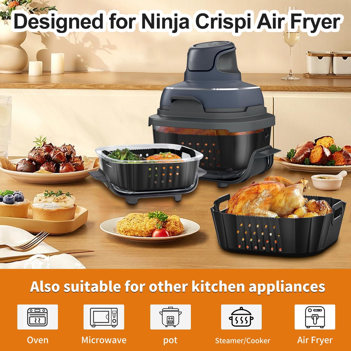 HOMELYLIFE Air Fryer Silicone Liners for Ninja Crispi FN101GY/FN101SG/FN101ST, Big Liner for 4 QT Glass Container & Small Liner for 6 Cups Glass Container, 2 Pcs Reusable Non-Stick Basket Accessories