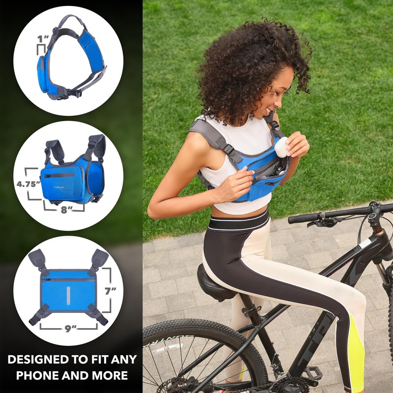 Trailoom Running Chest Pack, Reflective Vest, Water Repellent, Phone Holder, Men & Women, Workout Bag for Runners, Cycling, Biking, EDC Pouch, Jogging Carrier, Hidden Pocket, Lightweight (Blue)