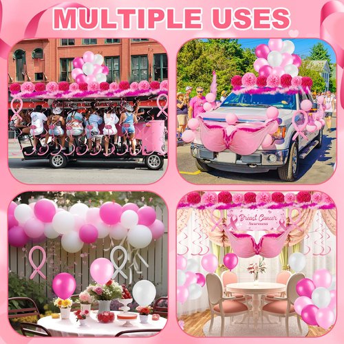 Soulchen 67 Pcs Breast Cancer Awareness Golf Cart Decoration Breast Cancer Pink Ribbon Flag Banner Balloon Swirls Tablecloth Fur Strips Trim Paper Flower for Golf Cart Party (Ribbon Pattern Banner)