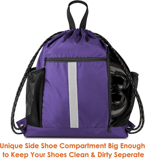 BeeGreen Gym Backpack - Lightweight Purple Drawstring Bag with Shoe Compartment & Dual Water Bottle Holders