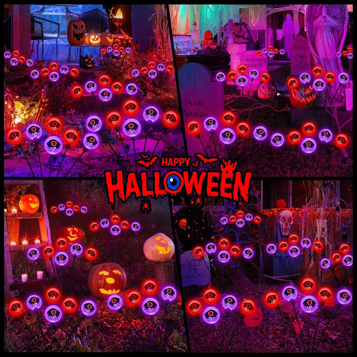 Solar Halloween Lights - 6 Pack 36 LEDs Purple & Orange Waterproof Eyeballs for Outdoor Yard Decor