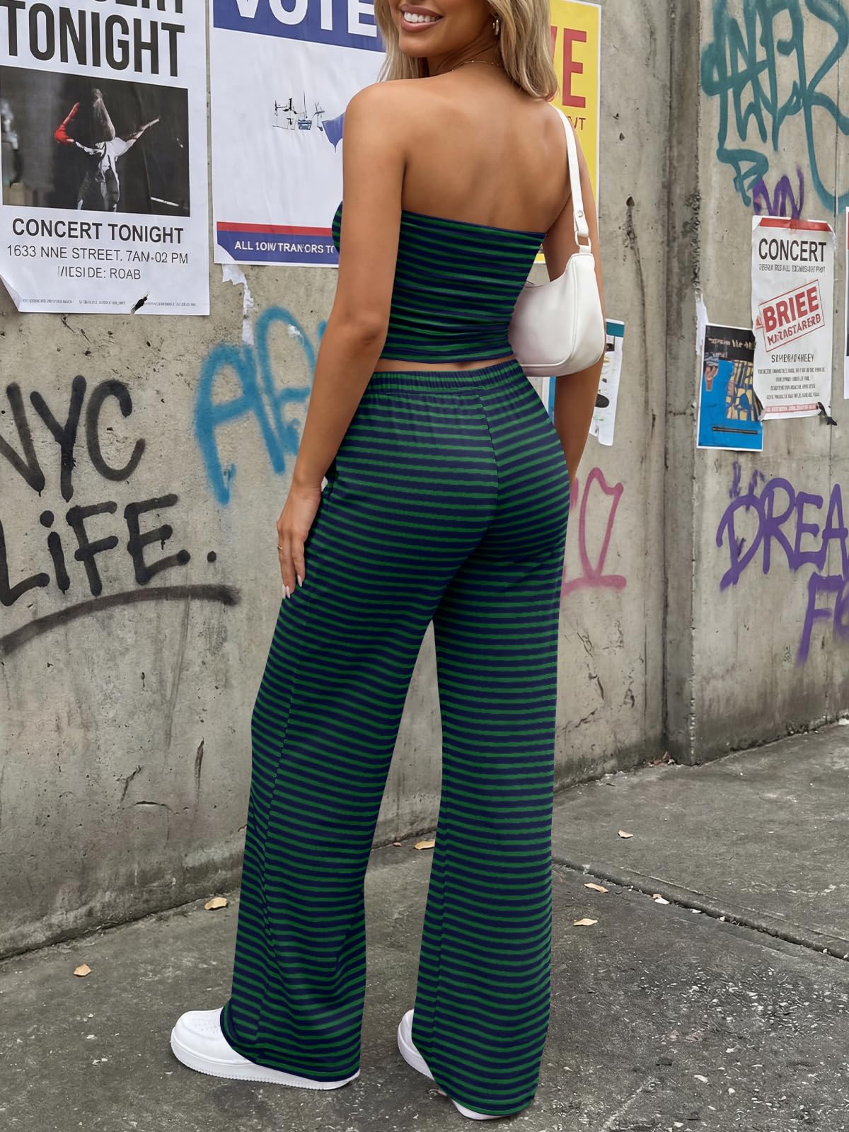 Trendy Queen Womens 2 Piece Lounge Sets Matching Summer Beach Vacation Outfits 2026 Striped Tube Tops Pants Travel Clothes