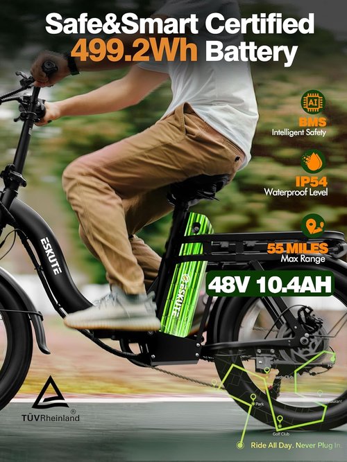 1200W Peak Folding Electric Bike - 28MPH Speed, 55-Mile Range, 10.4Ah Removable Battery, 20"x3" Fat Tires