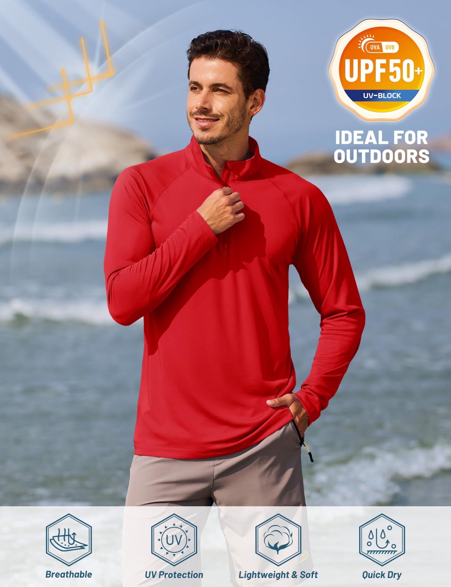 TACVASEN Shirts for Men Running 1/4 Zip Shirts Uv Protection Workout Hiking Mens Long Sleeve T Shirts Rash Guard Dry Fit Tomato Red Dry Fit M