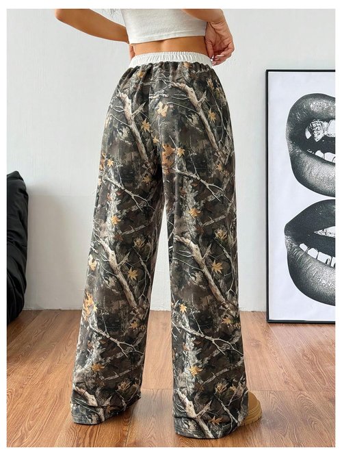 Floerns Women's Tree Print Camouflage Baggy Sweatpants Elastic Waist Drawstring Athletic Pants Green Multi X-Small