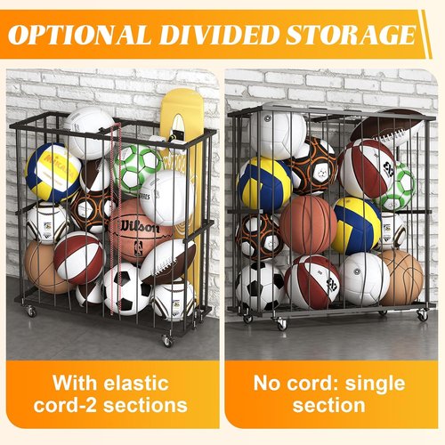 Hencawima Ball Storage Rack - Freestanding Sports Equipment Organizer for Garage & Gym | Black