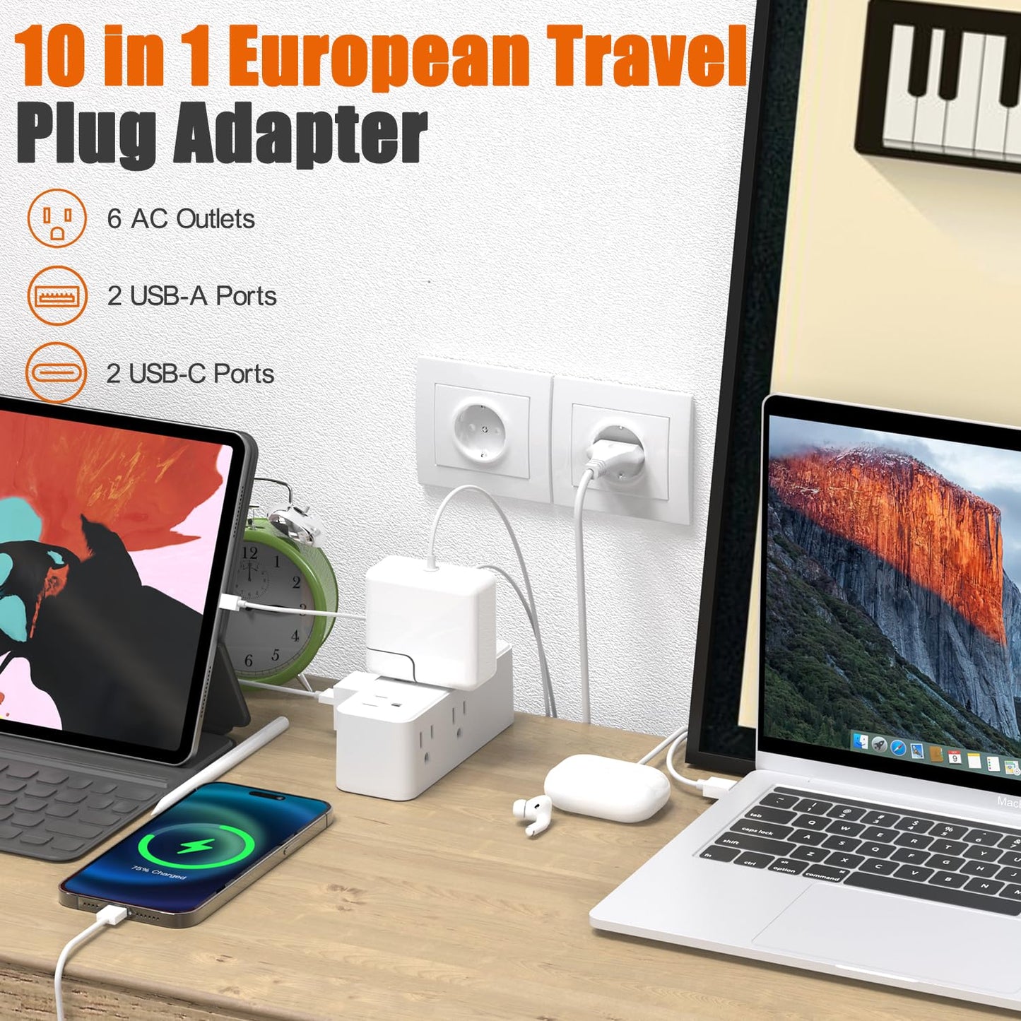 European Travel Plug Adapter, WRXDMC Universal Power Adapter for EU UK DE JP,6 AC Outlets, 4 USB Ports with 5ft Extension Cord, International Power Strip, Compact for Travel, Cruise Ship Must Have