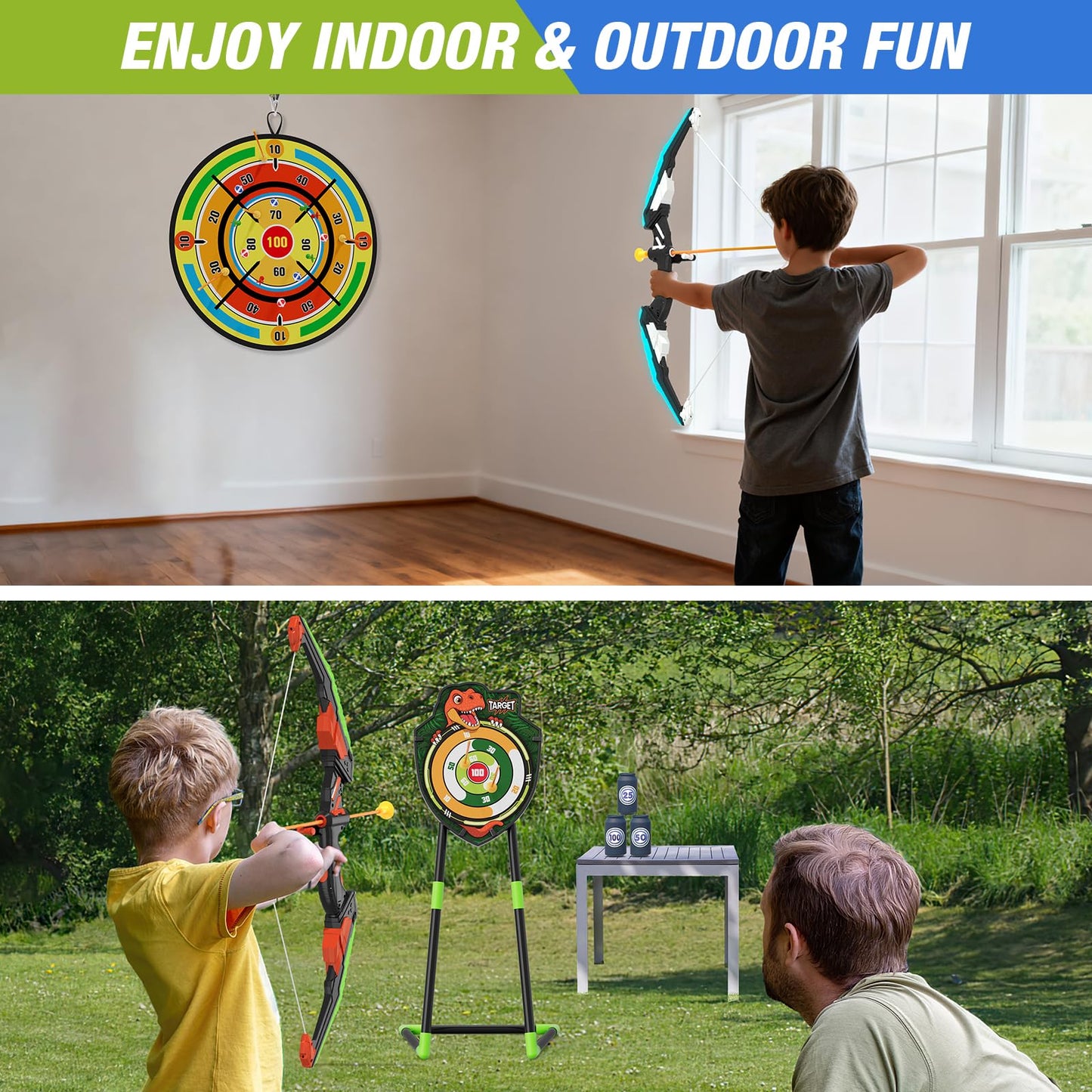 HYES 2 Pack Kids Bow and Arrow with 29" Large Dart Board, LED Light Up Archery Set with 24 Suction Cup Arrows, Indoor Outdoor Sport Toys Gifts for 3 4 5 6 7 8 9 10 11 12 Year Old Boys Girls