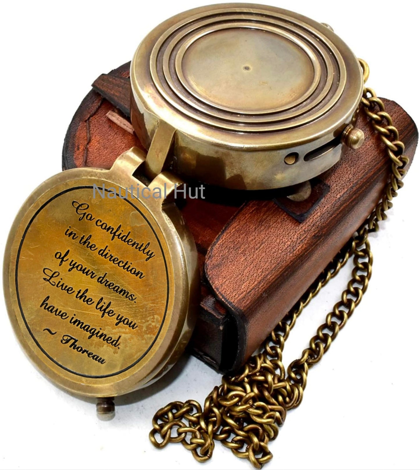 Thoreau's Go Confidently Engraved Solid Brass Nautical Pocket Compass with Leather Case, Brass Compass to Son, Gifts for Men with Famous Poet Quotes, Graduation Day, Birthday, Easter Gift (XII)