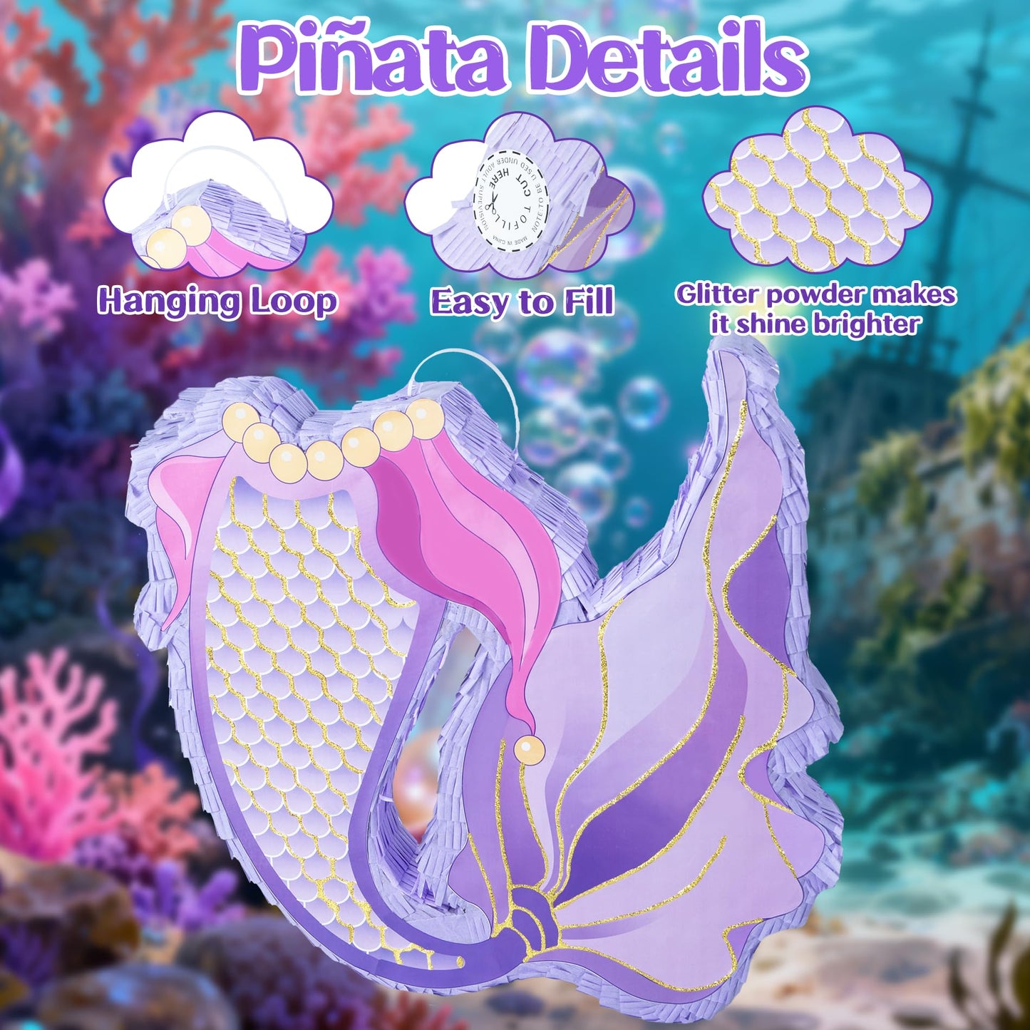 PCFING 18 Inch Mermaid Tail Piñata with 30 Inch Piñata Stick Blindfold Confetti for Boy Girl Ocean Birthday Party Game Decorations, Anniversary Celebration, Fiesta