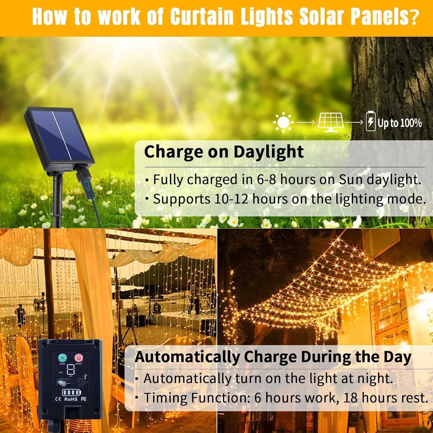 300LED Solar Curtain Lights Waterproof, 10Ft x 10Ft Twinkle Curtain String Fairy Light with Remote Control, 8 Modes, Warm White Solar Hanging Waterfall Lights for Outdoor Backdrop Gazebo Wall Xmas