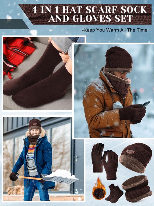 Shyyween 4 Pcs Winter Knit Beanie Hat Neck Warmer Scarf Touch Screen Gloves and Sock Set Fleece Lined Skull Cap for Men Women(Brown)