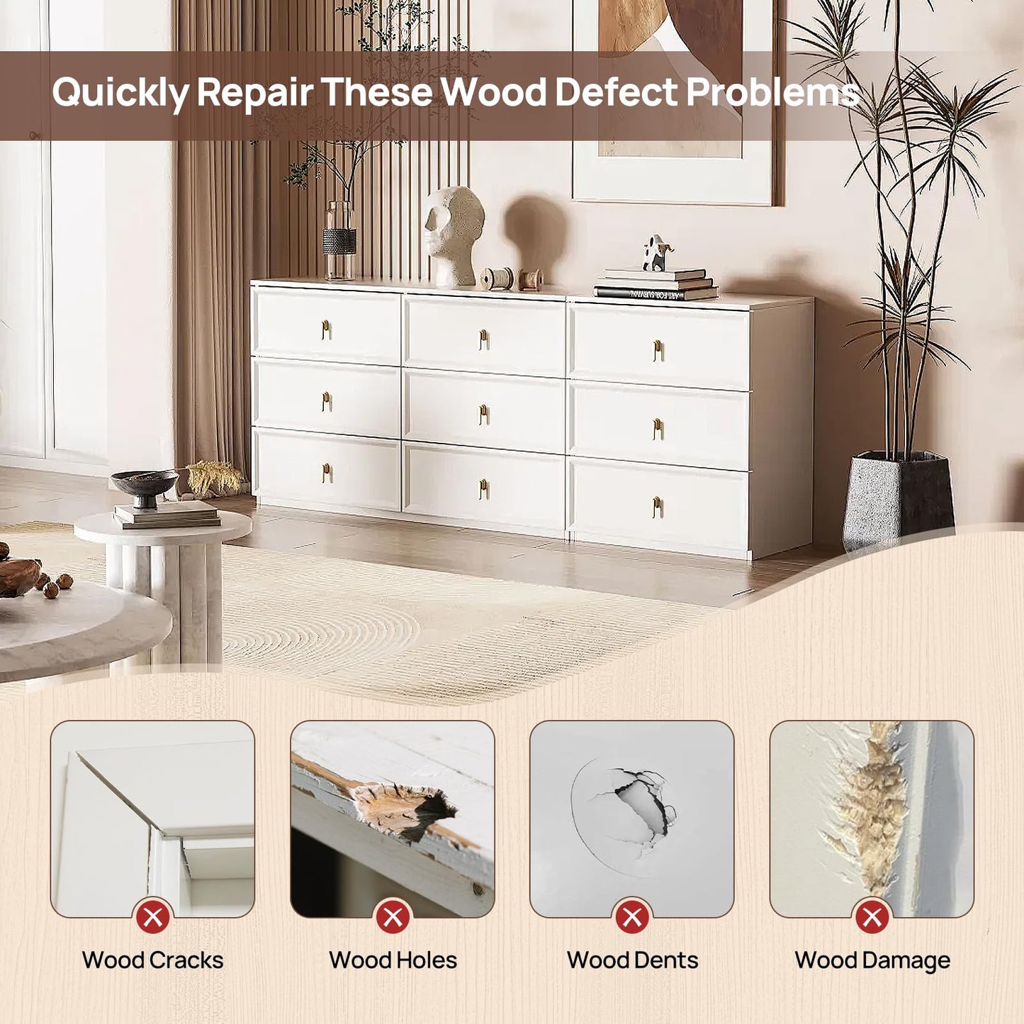 Boncart Wood Filler, 6.15 oz Paintable Wood Putty, Easy to Sand, Shrink & Crack Resistant, Quick Repair for Cracks, Holes and Damage (White)