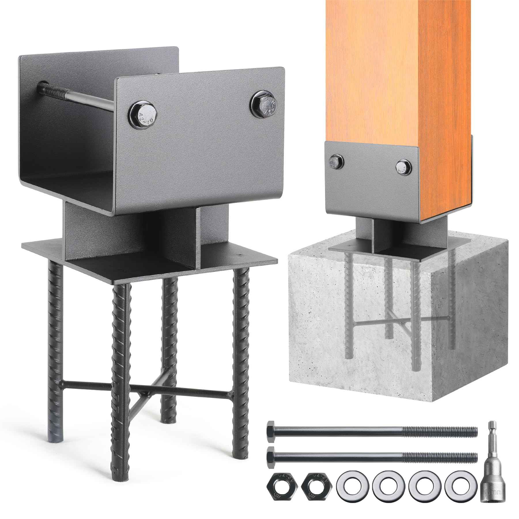 Uphode 1Pack 8"x8"(Actual 7.5"x7.5") Wooden Post Base for Concrete, U-Shape Fence Post Holder Bracket Bracket Black, Wet Set Concrete Post Anchor Stainless Steel