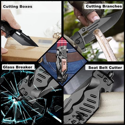 MADSABRE Black Pocket Knife with Clip, 9.6" Work Knife EDC Folding Knives with Seat Belt Cutter and Glass Breaker, Foldable Knife for Survival Camping Hiking Fishing Hunting
