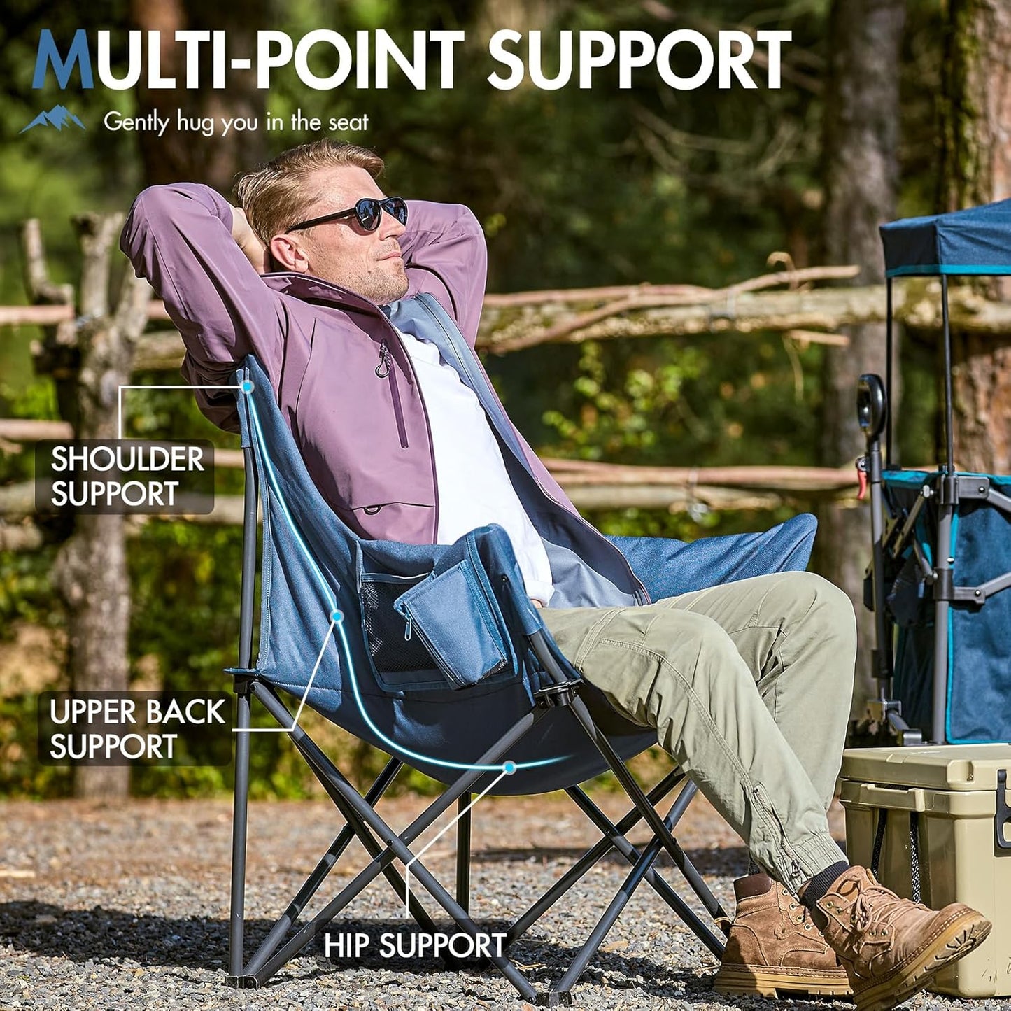 Portal Oversized Padded Camping Chair - Heavy-Duty Folding Design with Cup Holder & Side Pocket, Supports 350 lbs | Blue