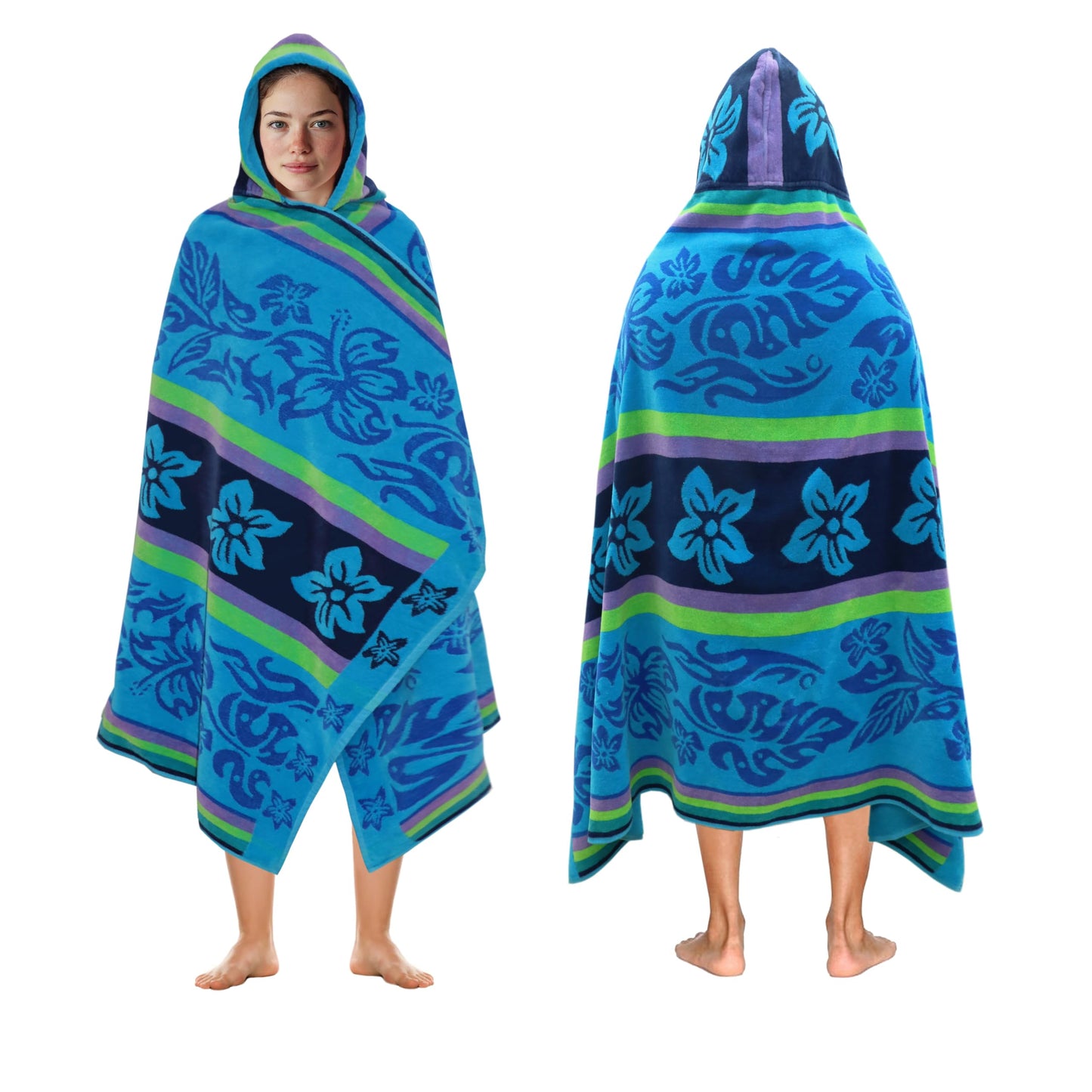 COTTON CRAFT Hooded Beach Towel for Adults – Oversized 39x68 Towel with Hood - 100% Cotton Velour Terry Jacquard Pool Bath Wrap - 450 GSM Soft Absorbent Quick Dry – Tropical Hibiscus Aqua Blue Purple