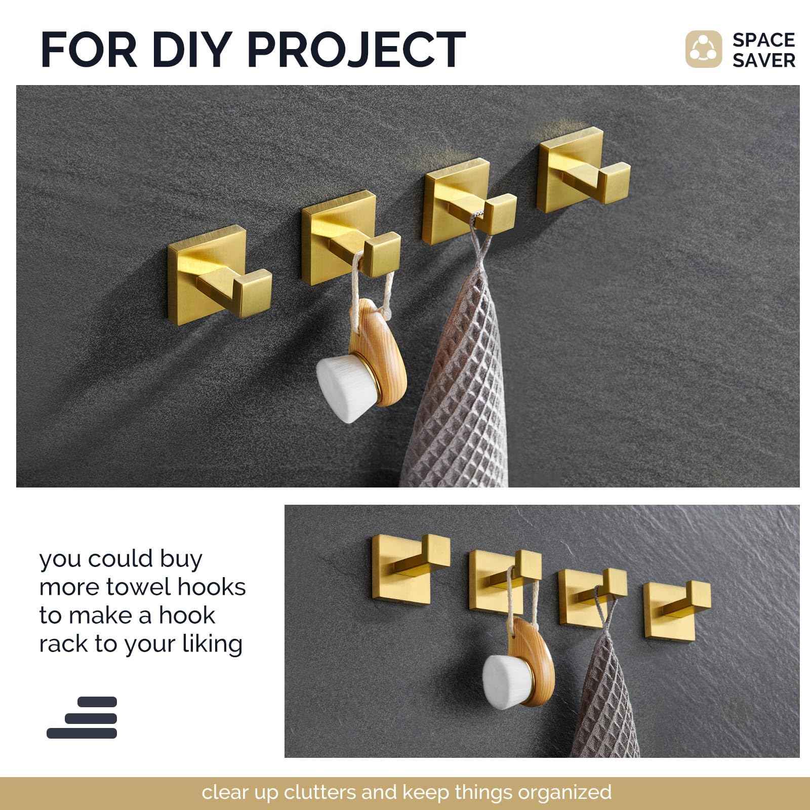 Angle Simple Towel Hook Brushed Gold 2 Pack, 304 Stainless Steel Square Robe Hook for Bathroom