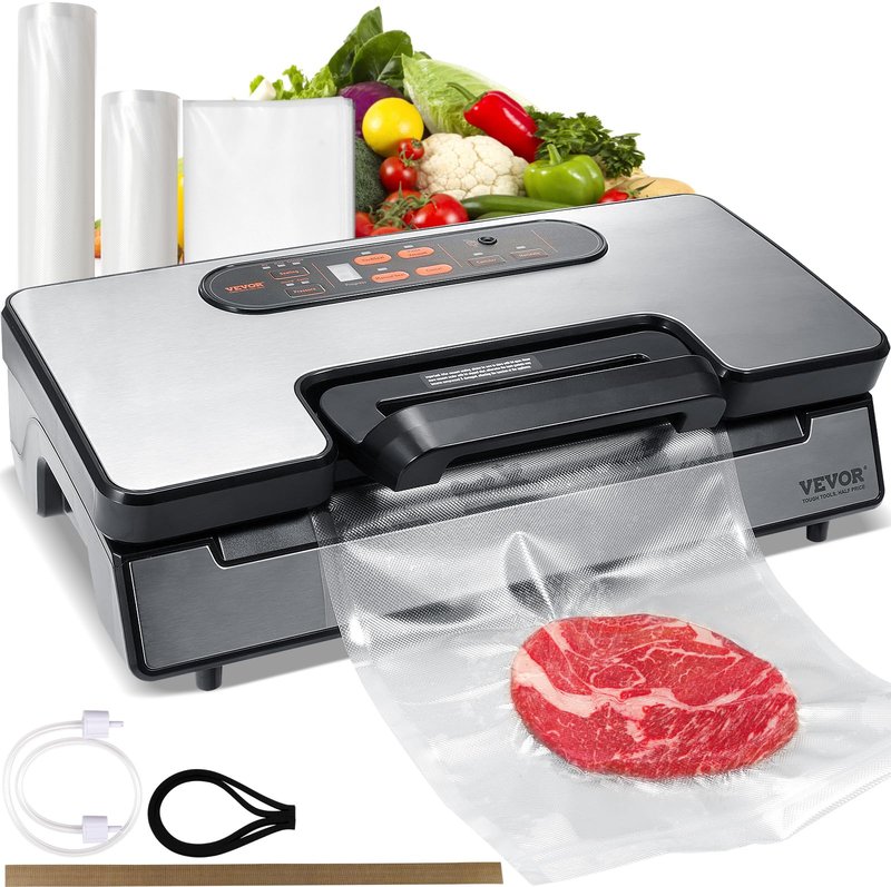 VEVOR Vacuum Sealer Machine, 80Kpa 120W Powerful Compact Food Sealer, 7-in-1 Multi-Functional Food Vacuum Sealer, Automatic Air Sealing System with Built-in Cutter with 10 Vacuum Bags & 1 Bag Roll