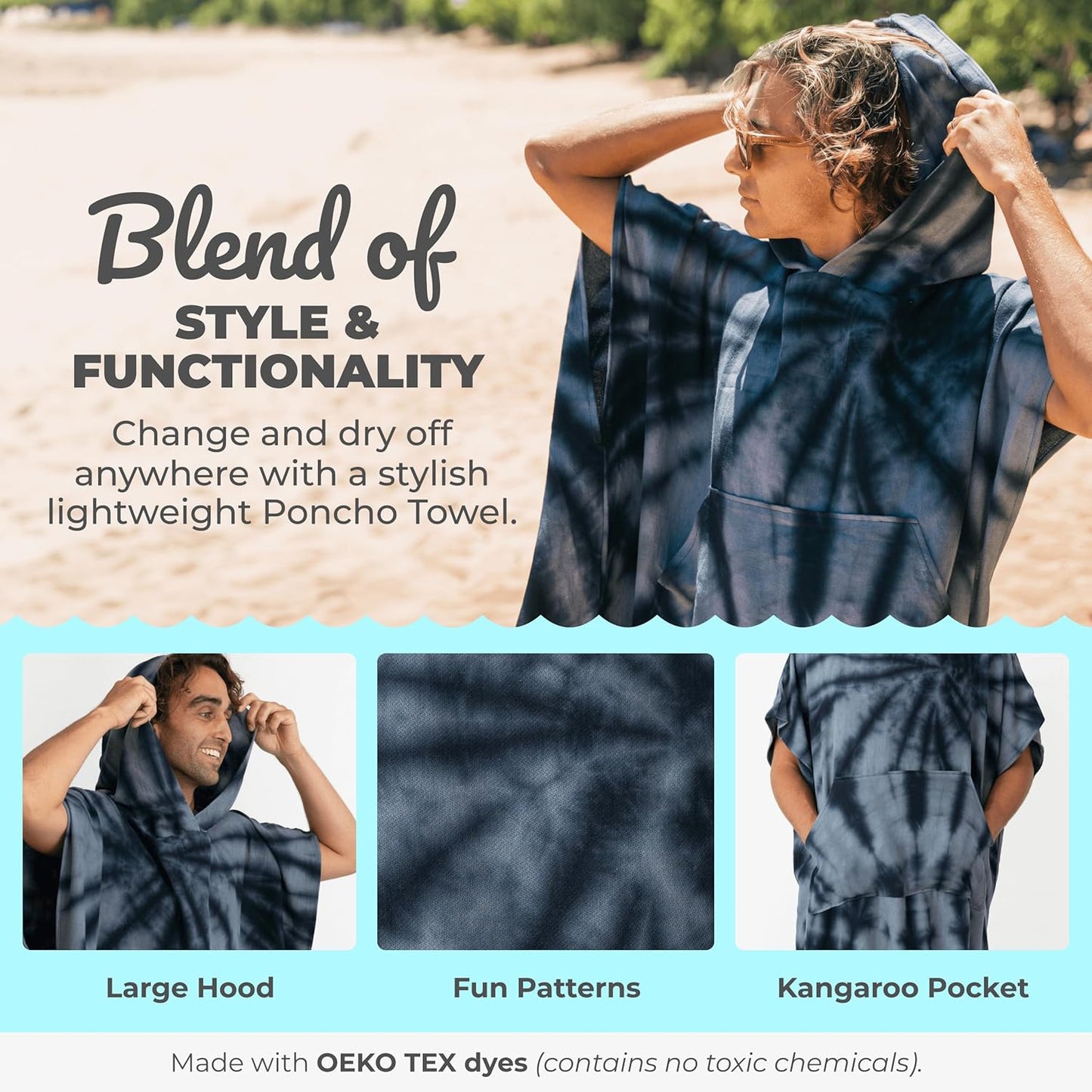 Nova Blue Surf Poncho - Large Hooded Changing Towel (33 x 37) | 100% Cotton for Beach & Pool Use