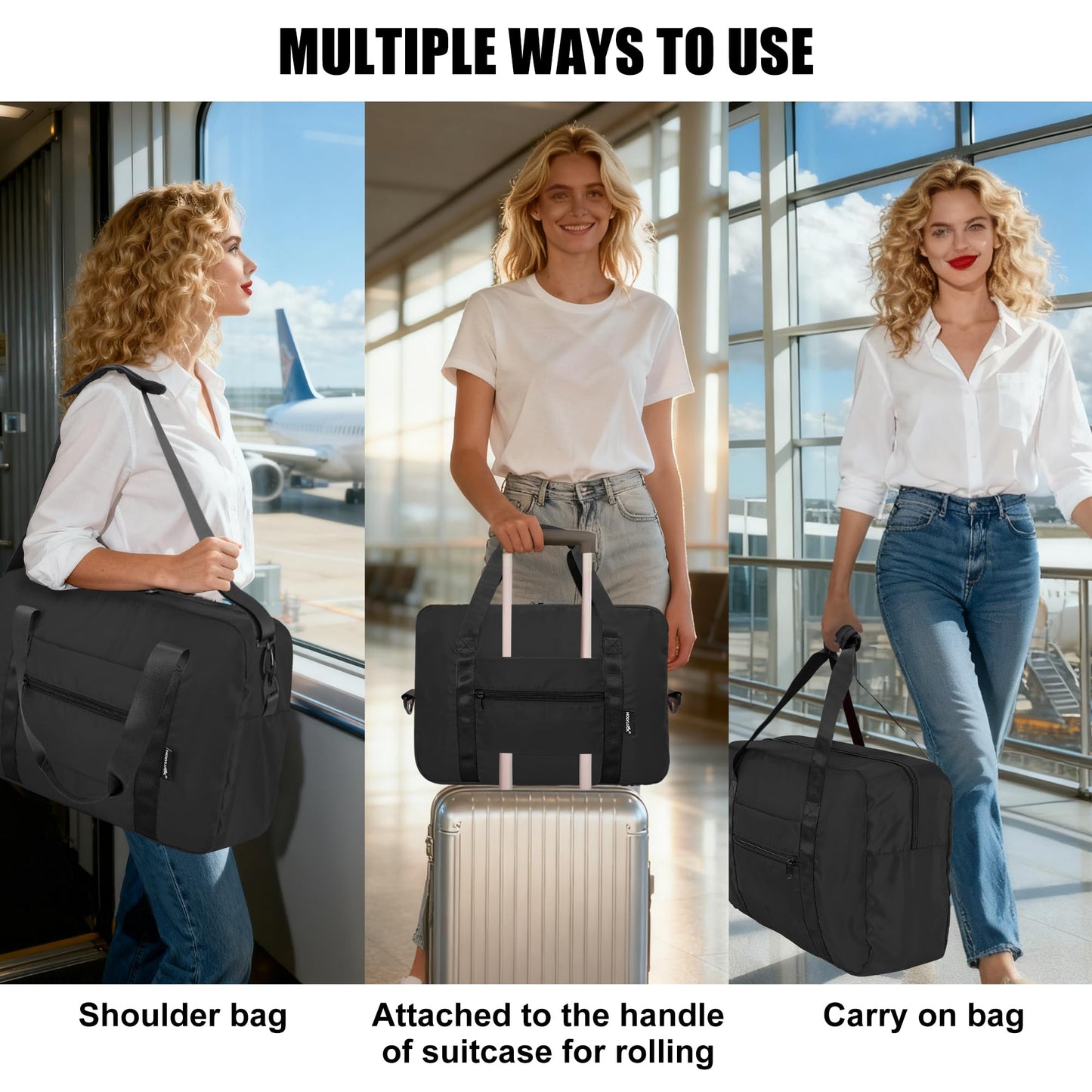 Foldable Travel Duffle Bag, Airlines Approved Carry On Bag Weekender Overnight Bag for Men Women, 40L (Black)