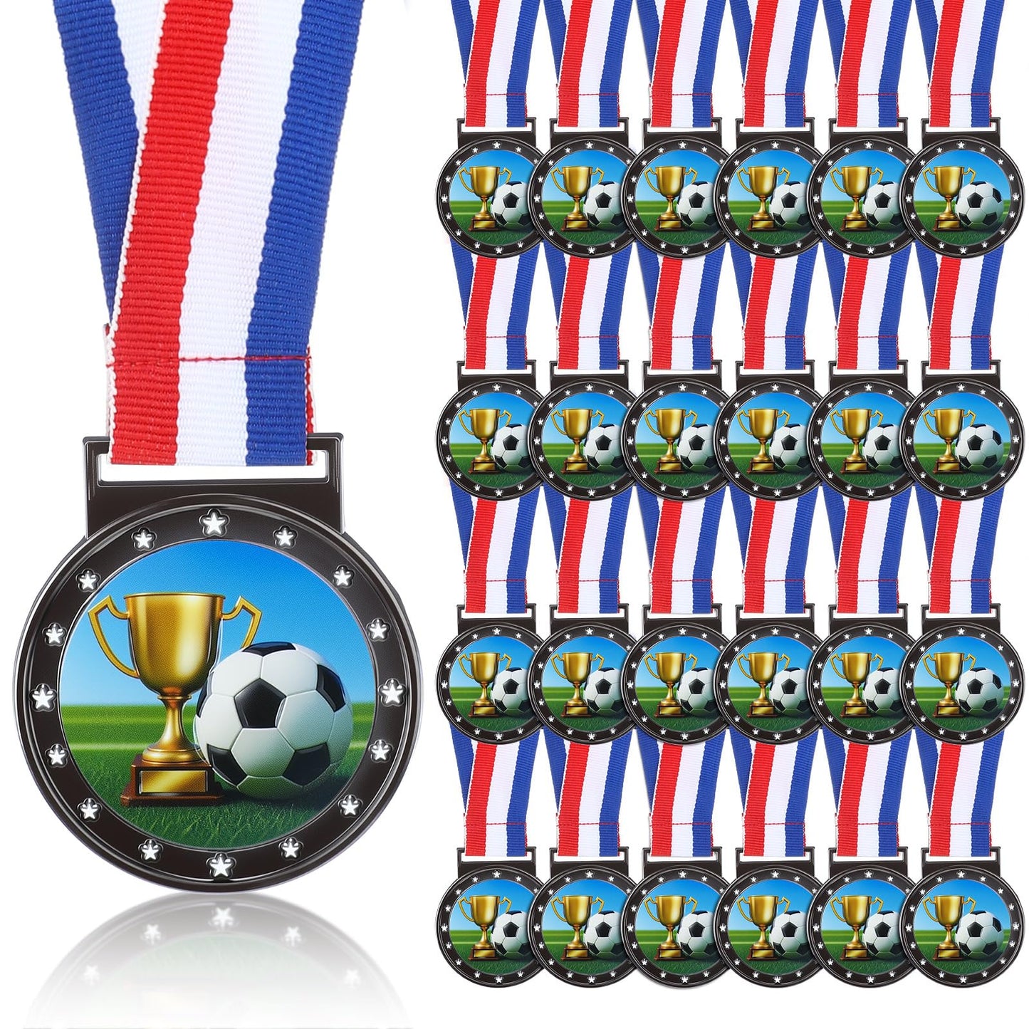 Kenning 24 Pcs Soccer Medals for Teens and Adults with Attached Neck Ribbons, Award Medals Metal Trophy Trophies Gift for Sports Competitions Celebration Soccer Party Favors Team Participation