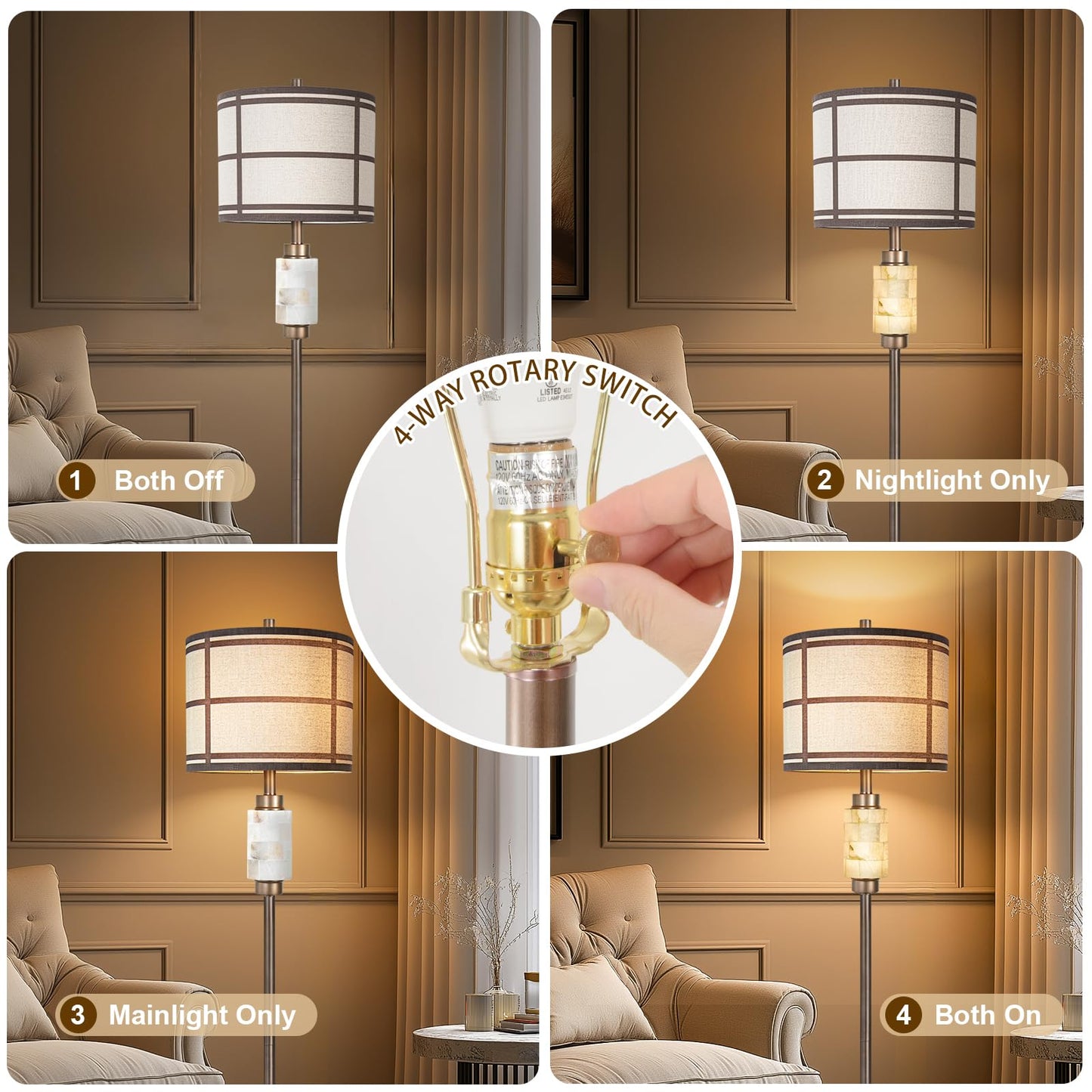 KIVDITZO Natural Alabaster Floor Lamp, Lamps for Bedroom, Tall Lamp with Night Light, Marble Base, Linen Shade,Living Room Lamp, Standing Lamp for Living Room Bedroom Office - Brown (Bulb Included)