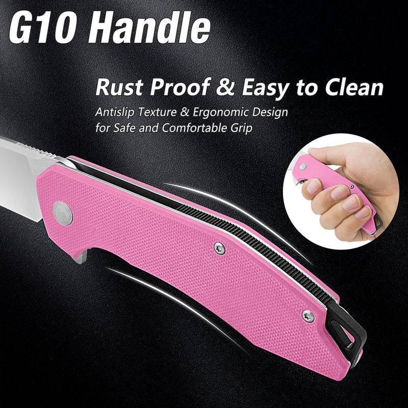 FLISSA Pocket Knife, Folding Tactical Knife with G10 Handle, D2 Blade, Liner Lock, Pocket Clip, EDC Knife for Hiking, Camping, Survival, Indoor and Outdoor Activities(Pink)